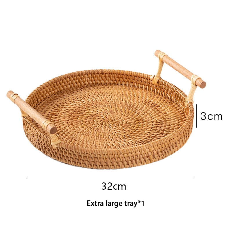 Handwoven Rattan Storage Tray With Wooden Handle