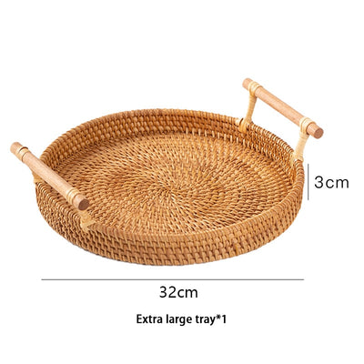 Handwoven Rattan Storage Tray With Wooden Handle