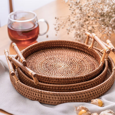 Handwoven Rattan Storage Tray With Wooden Handle