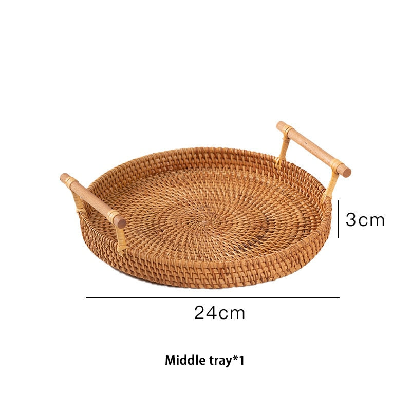 Handwoven Rattan Storage Tray With Wooden Handle