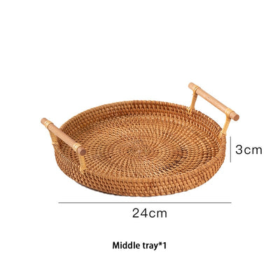 Handwoven Rattan Storage Tray With Wooden Handle