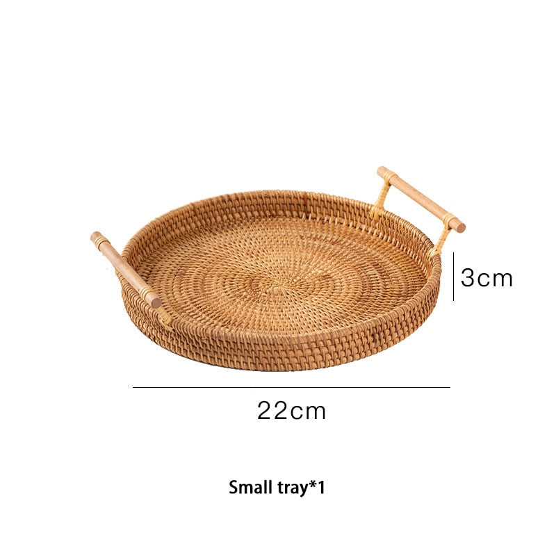 Handwoven Rattan Storage Tray With Wooden Handle