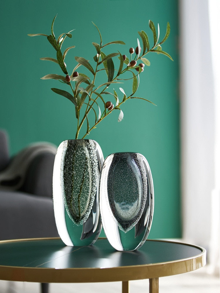 Hand-blown Thick-Bottomed Gray Bubble Glass Vase